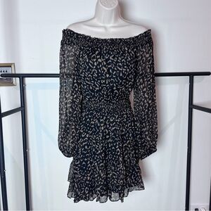 FATE Off-Shoulder Sleeve Sheer Ruffle Layer Ruched Leopard Print Mini Dress